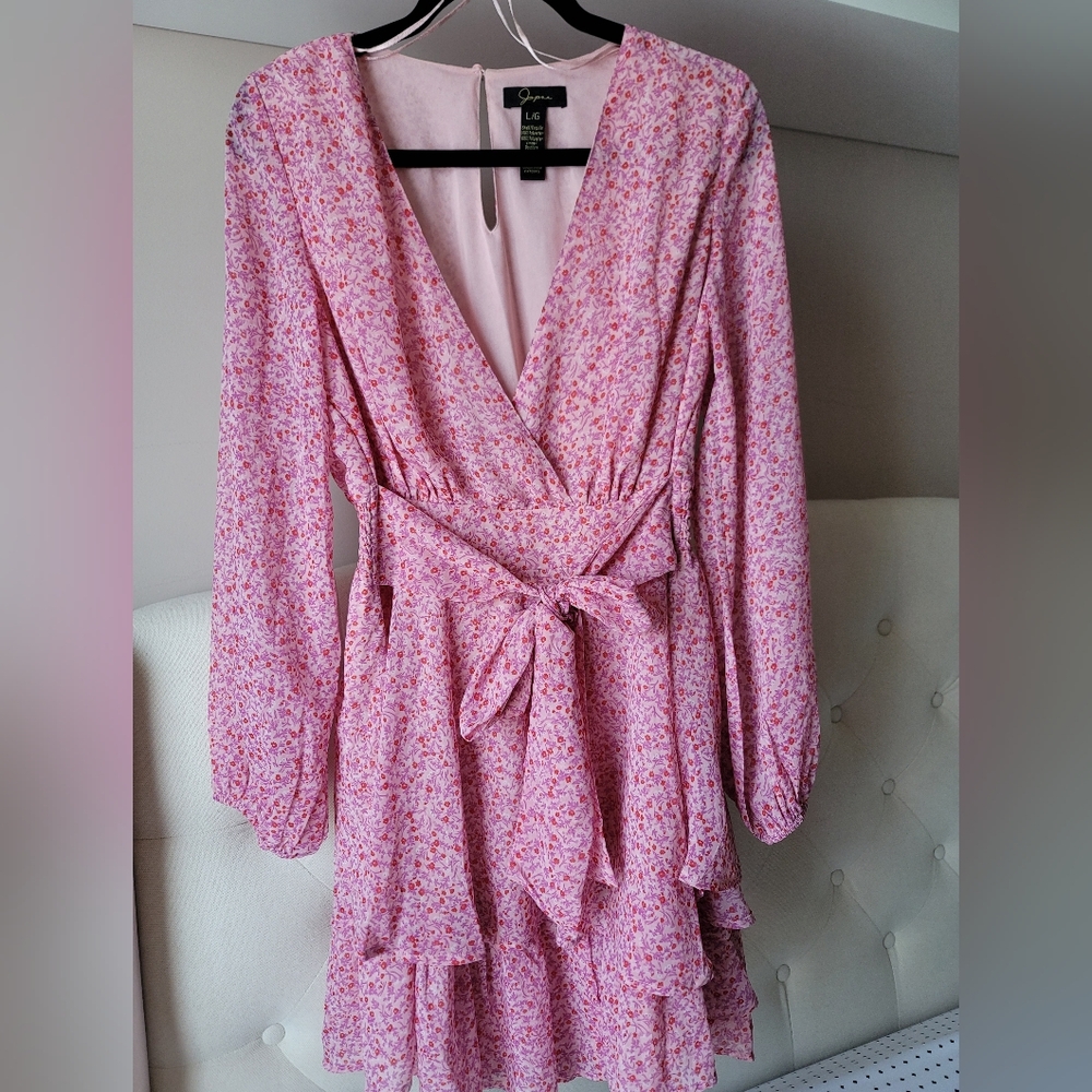 JAPNA -Sz L- Pink Microfloral Ruffle Balloon Sleeve Dress